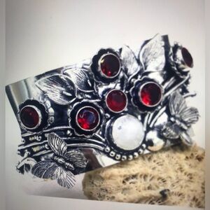Garnet Stamped 925 Sterling Silver Cuff Bracelet